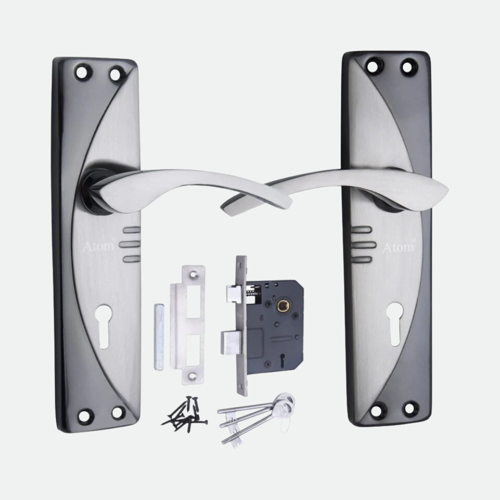 Iron Mortise Door Handle Set with Lock Body, Black Silver Finish, Brass Antique, Black Gold & CP Matt (3 Keys) (6 Lever Double Stage) (1003-KY)