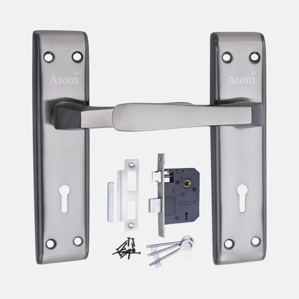Iron Mortise Door Handle Set with Lock Body, Finish Black Silver, Brass Antique & CP Matt (3 Keys) (6 Lever Double Stage) (8 Inch) (1002-KY)