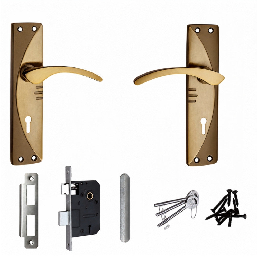 Iron Mortise Door Handle Set with Lock Body, Black Silver Finish, Brass Antique, Black Gold & CP Matt (3 Keys) (6 Lever Double Stage) (1003-KY)