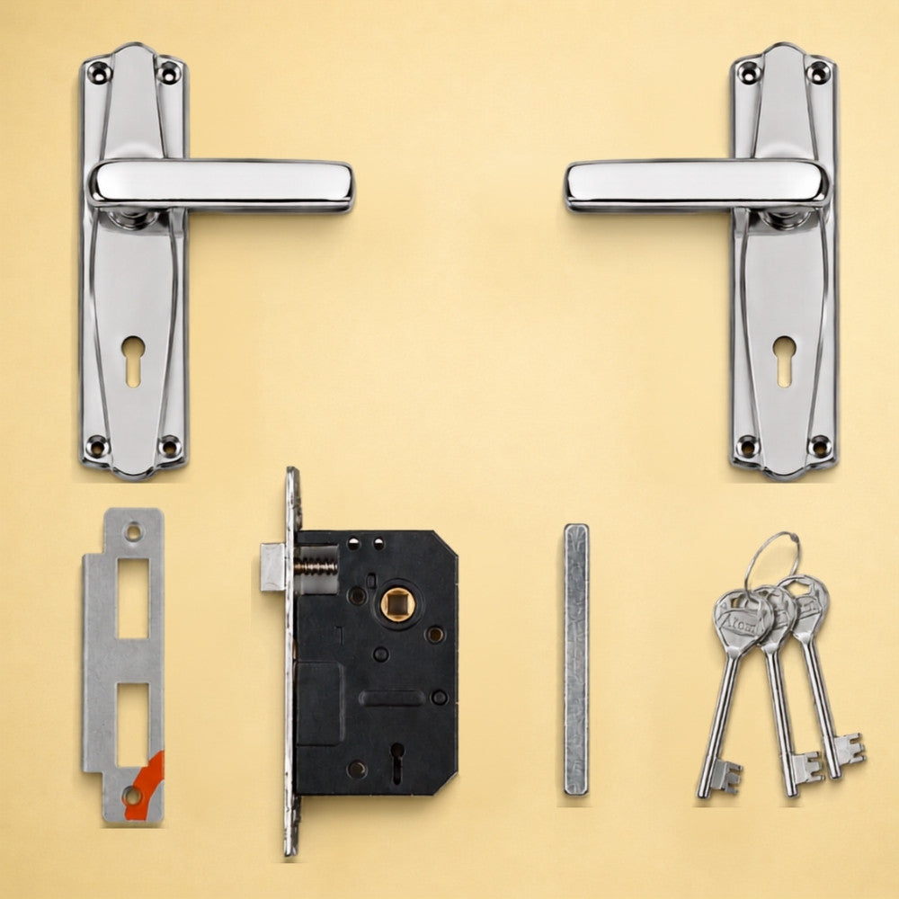 Iron Mortise Door Handle Set with Lock Body, Finish Black Silver, Brass Antique & CP Matt, (3 Keys) (6 Lever Double Stage Lockset) (7 Inch) (608-KY)