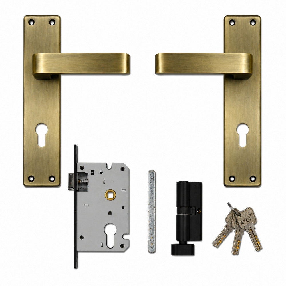 Iron Mortise Door Handle Set with Lock Body, Finish Brass Antique & CP Satin, (3 Keys) (10 Inch) (903-CY-OSK)