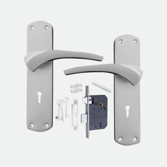 Iron Mortise Door Handle Set with Lock Body, Finish CP Satin (3 Keys) (8 Inch) (904)