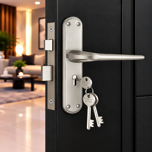 Stainless Steel Mortise Door Handle Set with Lock Body, Silver Satin & Brass Antique Finish (Orbit)