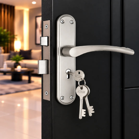 Stainless Steel Mortise Door Handle Set with Lock Body, Silver Satin Finish (Innova)