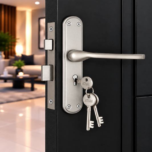 Stainless Steel Mortise Door Handle Set with Lock Body, Silver Satin Finish (Penta)