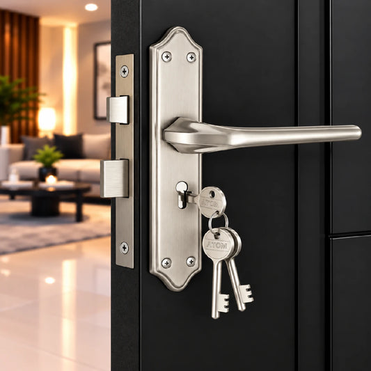 Stainless Steel Mortise Door Handle Set with Lock Body, Silver Satin Finish (Skala)