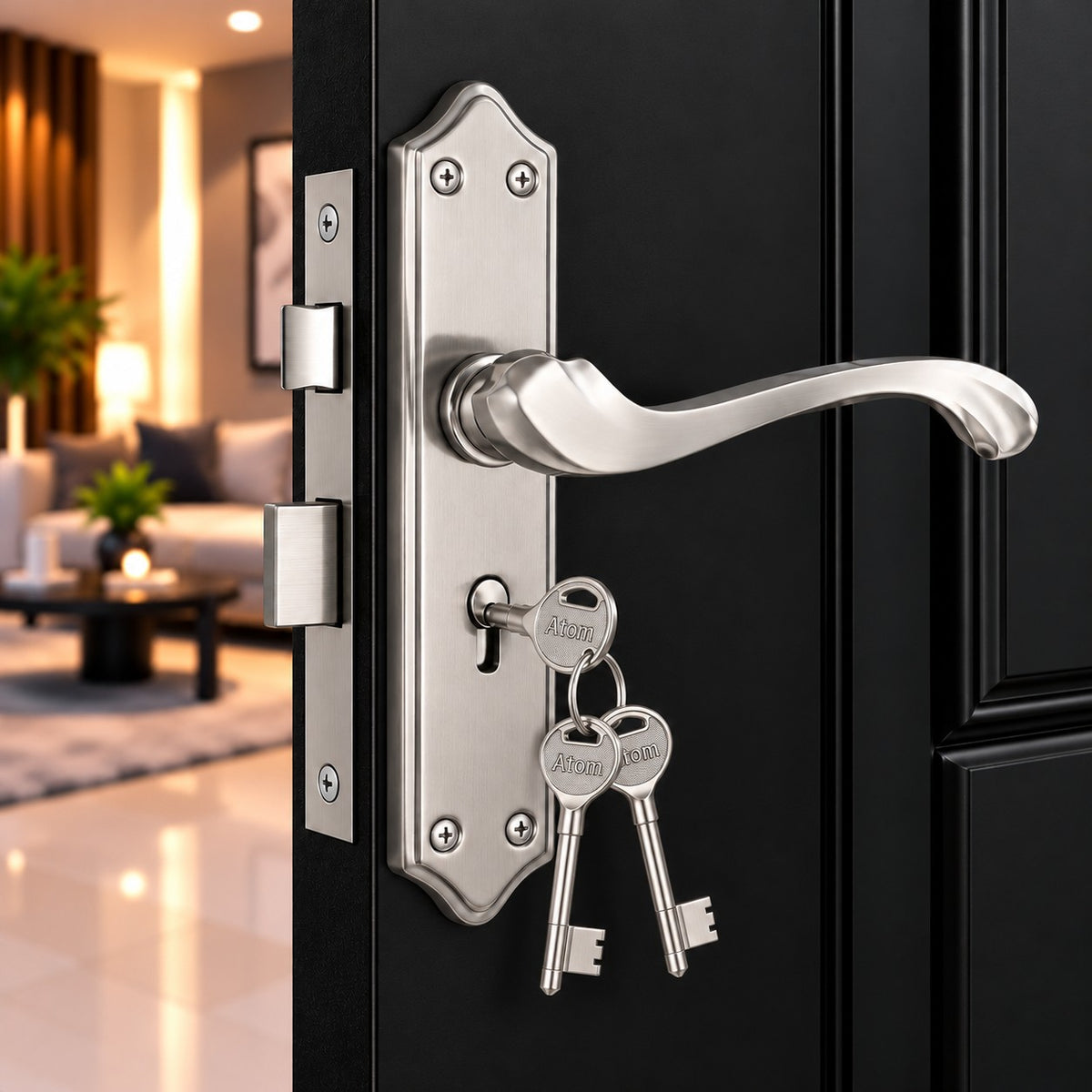 Mortise Door Handle Set with Lock Body, Silver Satin & Brass Antique Finish (Pluto)