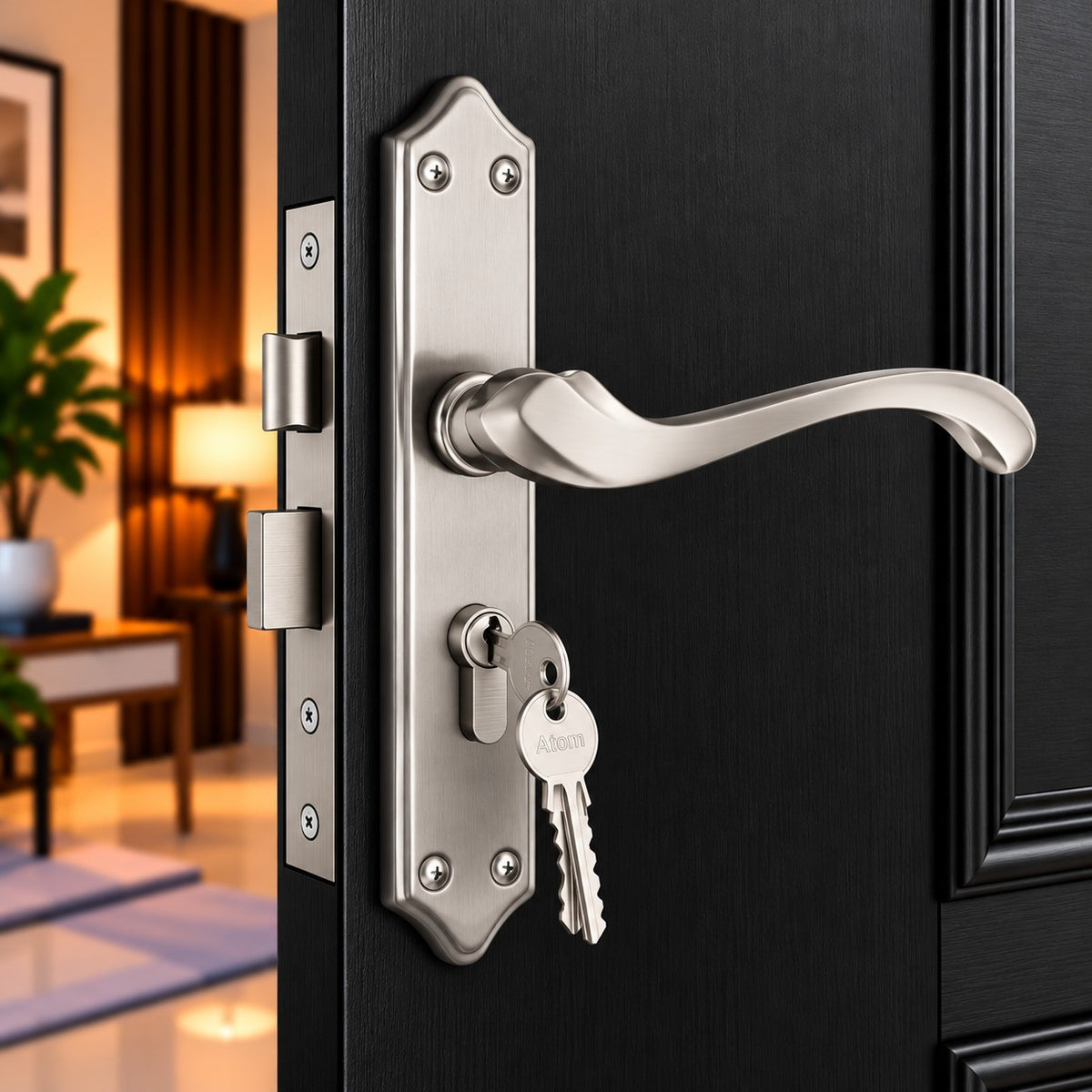 Mortise Door Handle Set with Lock Body, Silver Satin & Brass Antique Finish (Pluto)