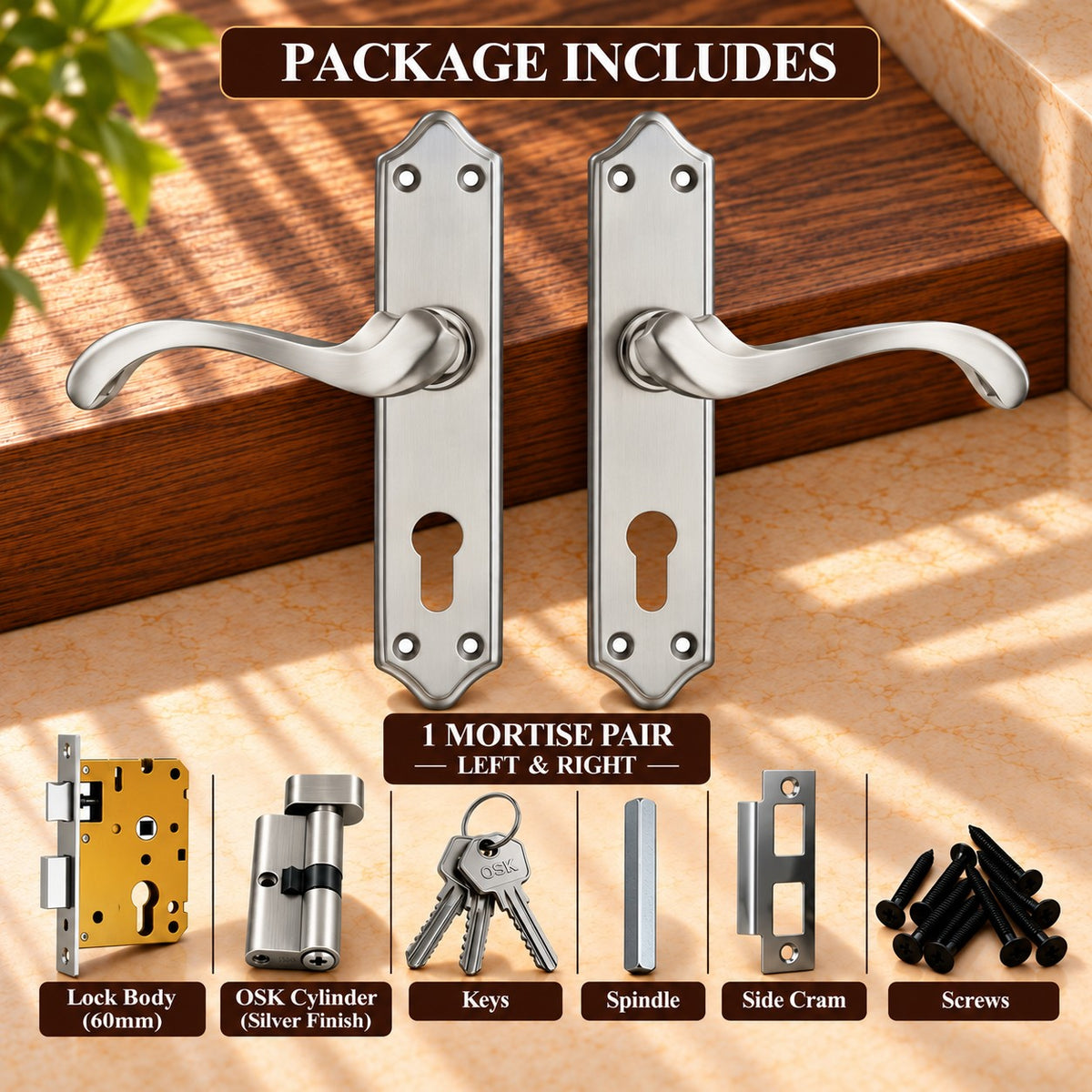 Mortise Door Handle Set with Lock Body, Silver Satin & Brass Antique Finish (Pluto)