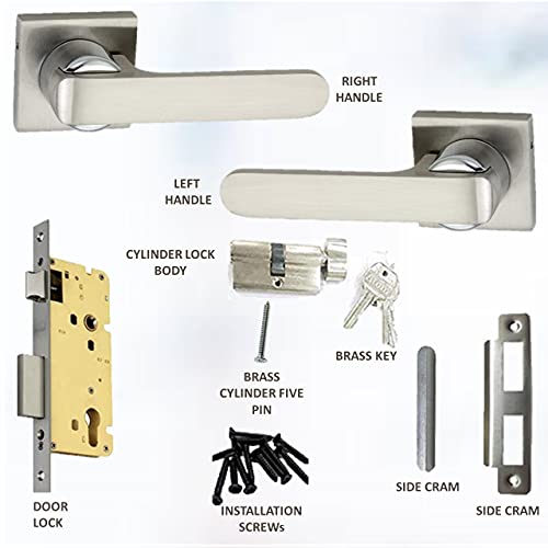 Atom Mortise Rose Door Handle Set with Lock Body | Silver Satin Finish | 3 Keys 10 Inch Lock Body | 6 Lever Double Stage Lockset for Door, Main door, home door, Bedroom, Living Room, O-35Rose