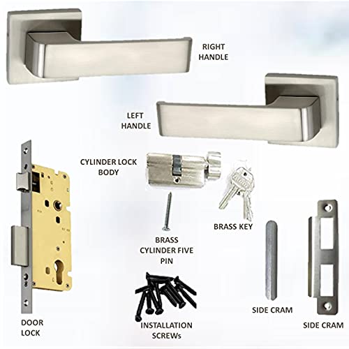 Mortise Rose Door Handle Set with Lock Body, 3 Keys, Silver Satin Finish (O-33Rose)