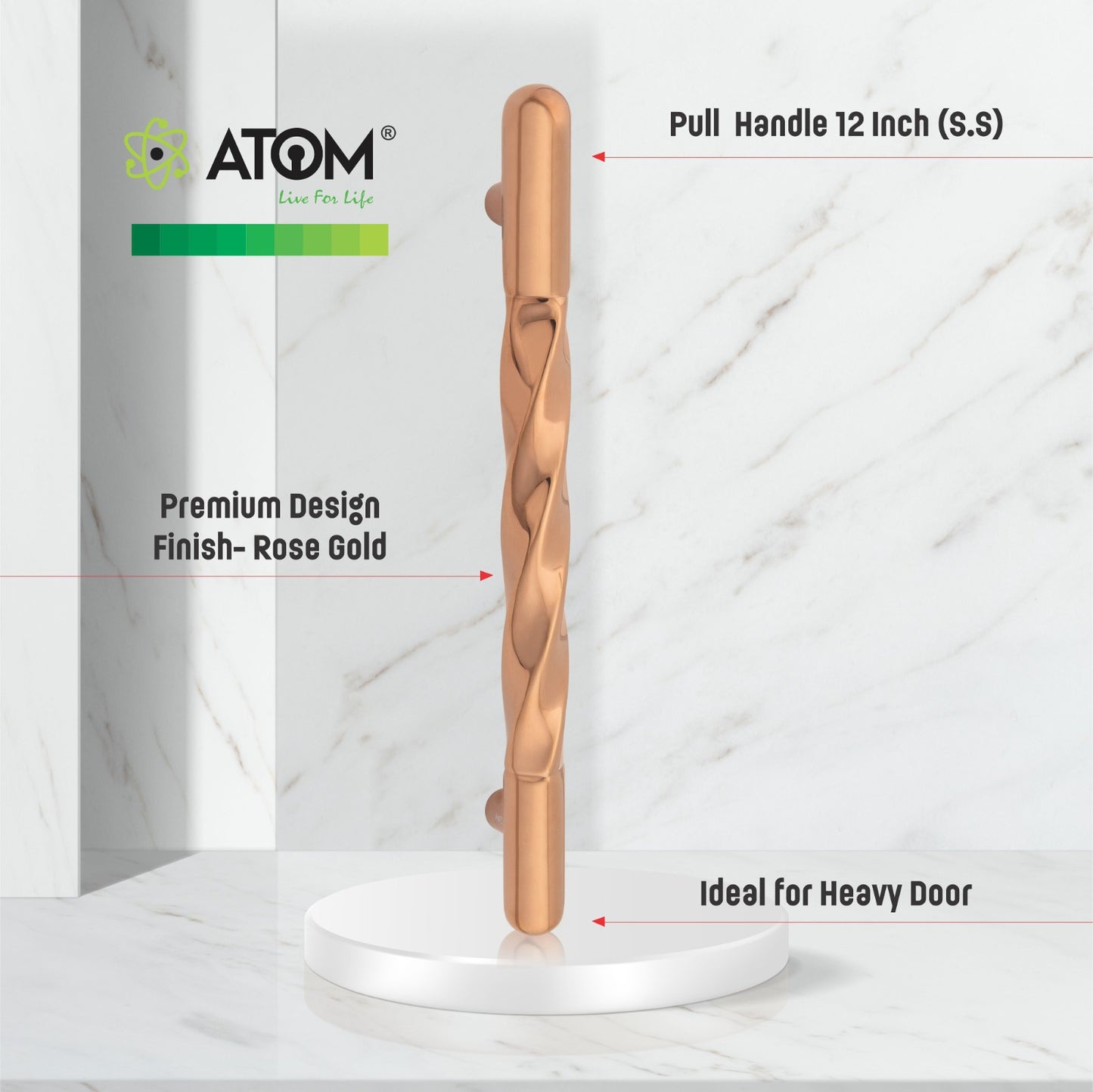ATOM Aloe Main Door Pull Handle | Aluminium | PVD Rose Gold Finish | 1 Year Warranty