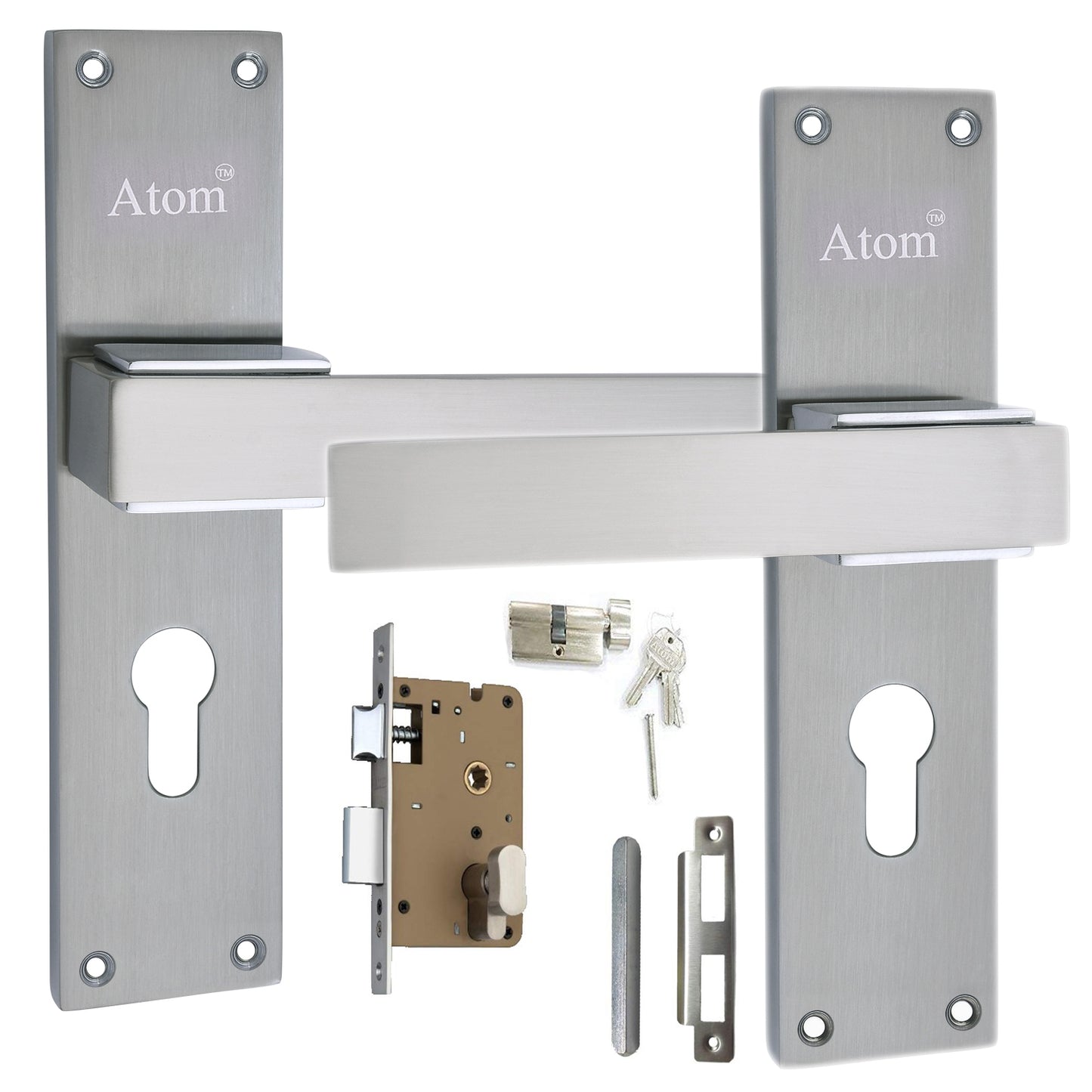 Mortise Door Handle Set with Lock Body, 3 Keys, Silver Satin Finish (O-32Cy)