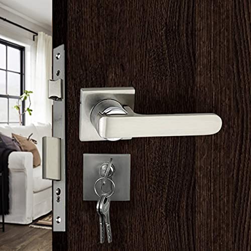 Atom Mortise Rose Door Handle Set with Lock Body | Silver Satin Finish | 3 Keys 10 Inch Lock Body | 6 Lever Double Stage Lockset for Door, Main door, home door, Bedroom, Living Room, O-35Rose