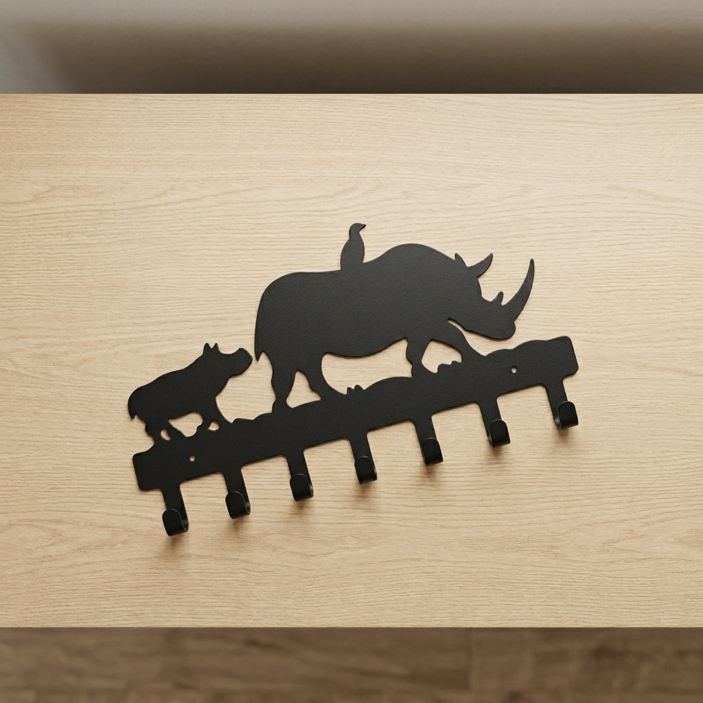 Rhino Designer Key Holder | Wall Mounted Metal Key Stand Black