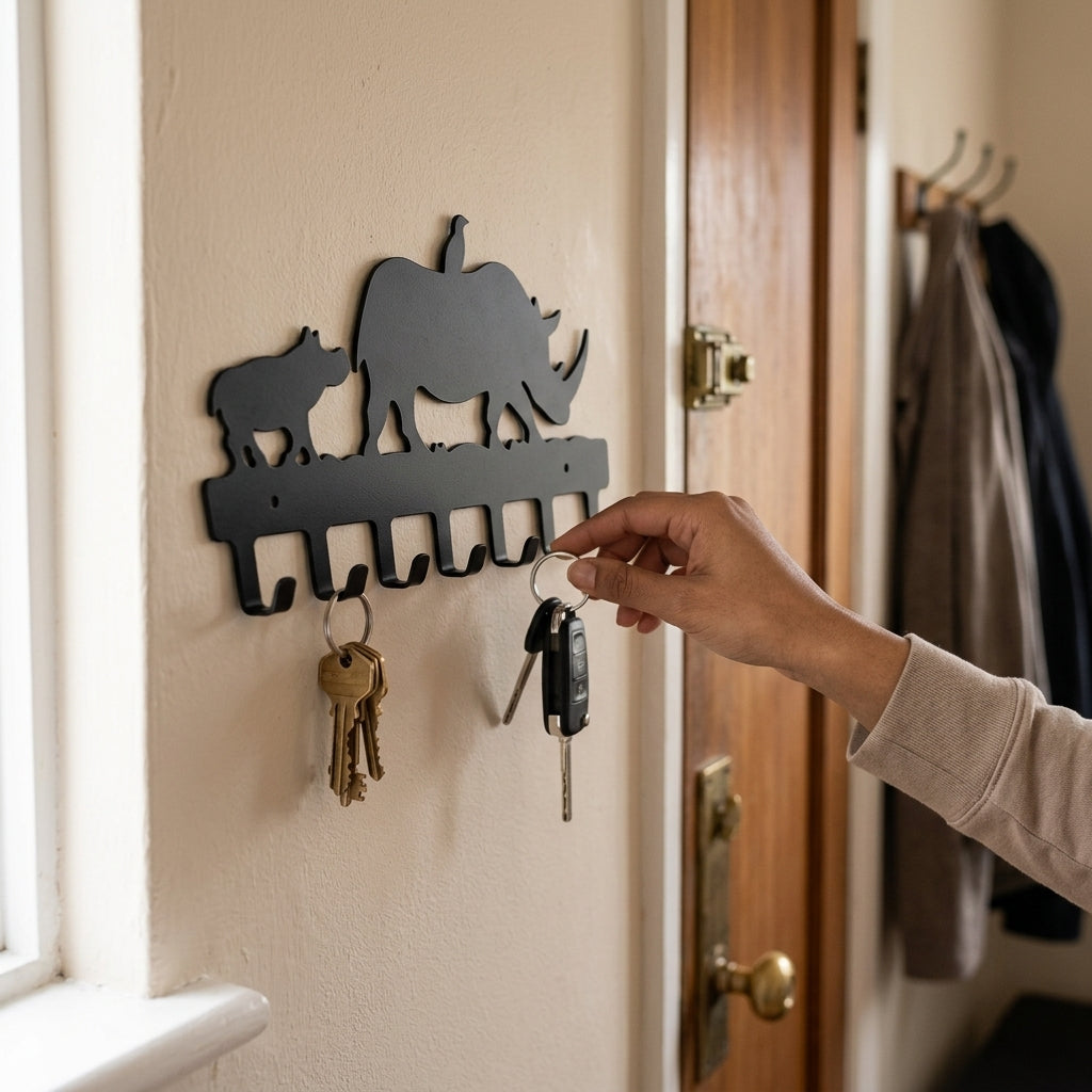 Rhino Designer Key Holder | Wall Mounted Metal Key Stand Black
