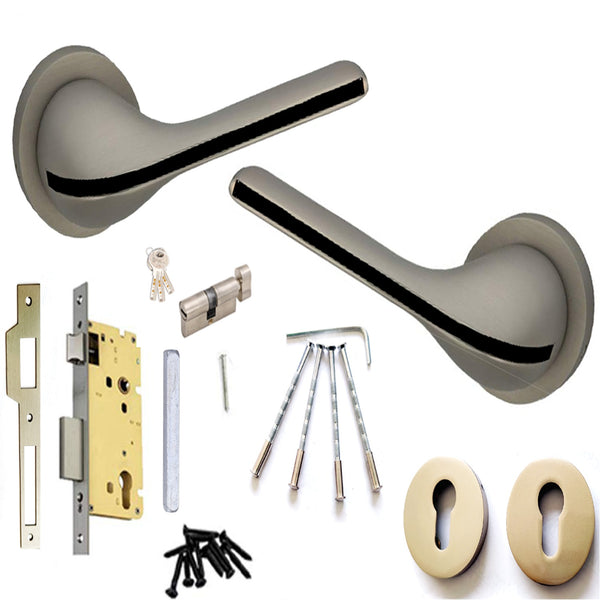 Atom Mortise Rose Door Handle Set with Lock Body | Satin Black Finish ...