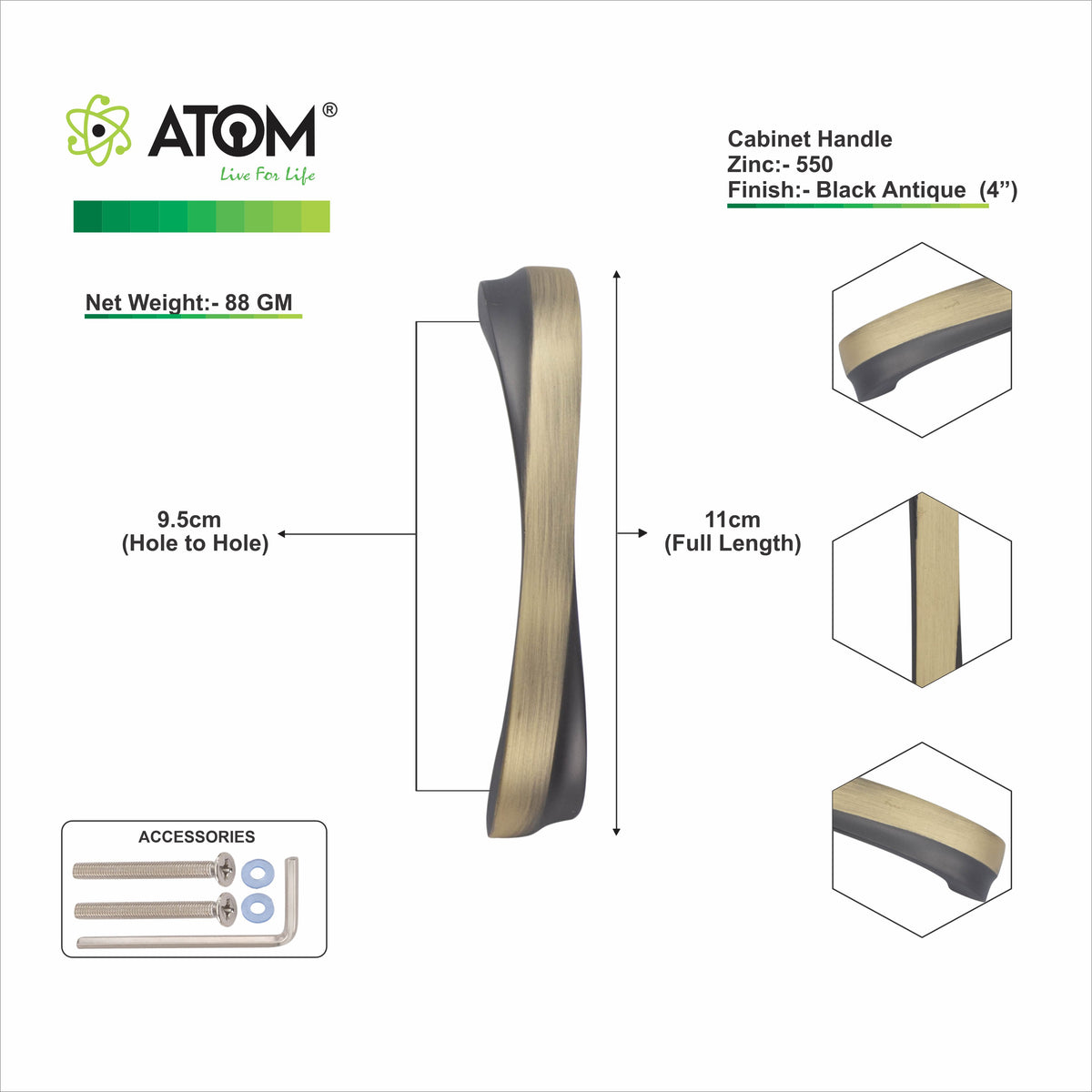 Zinc Cabinet Handle, Finish Black Matt, Brass Antique & CP (6 Pack) (CH550)