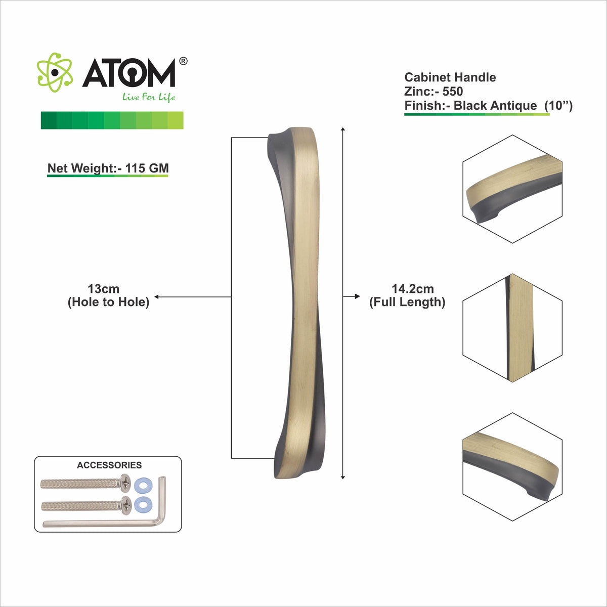 Zinc Cabinet Handle, Finish Black Matt, Brass Antique & CP (6 Pack) (CH550)
