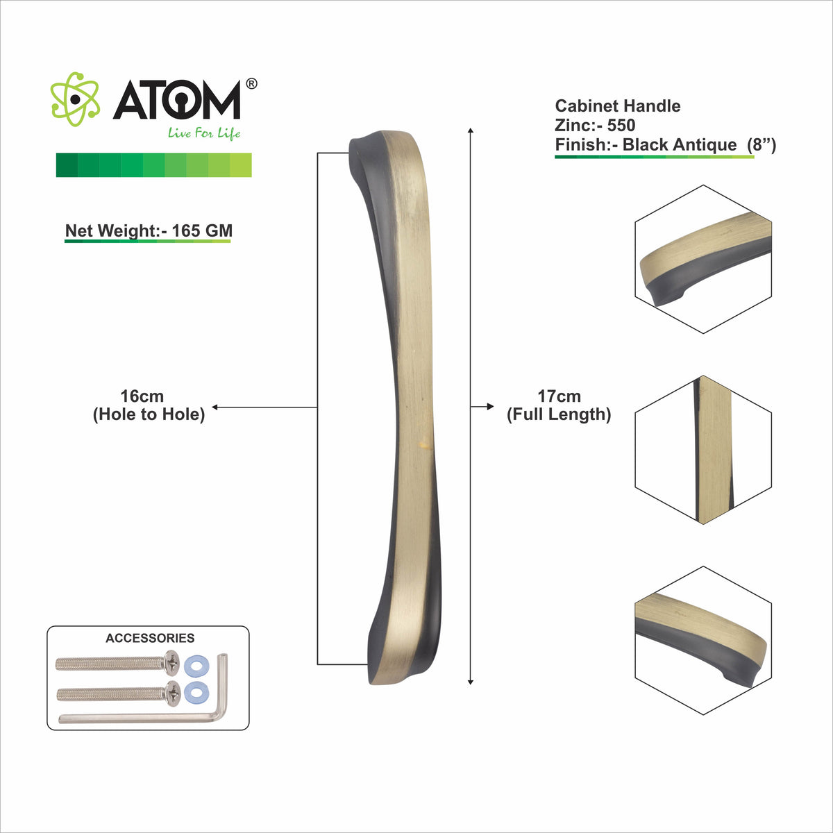 Zinc Cabinet Handle, Finish Black Matt, Brass Antique & CP (6 Pack) (CH550)