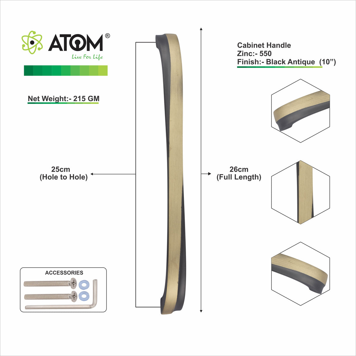 Zinc Cabinet Handle, Finish Black Matt, Brass Antique & CP (6 Pack) (CH550)