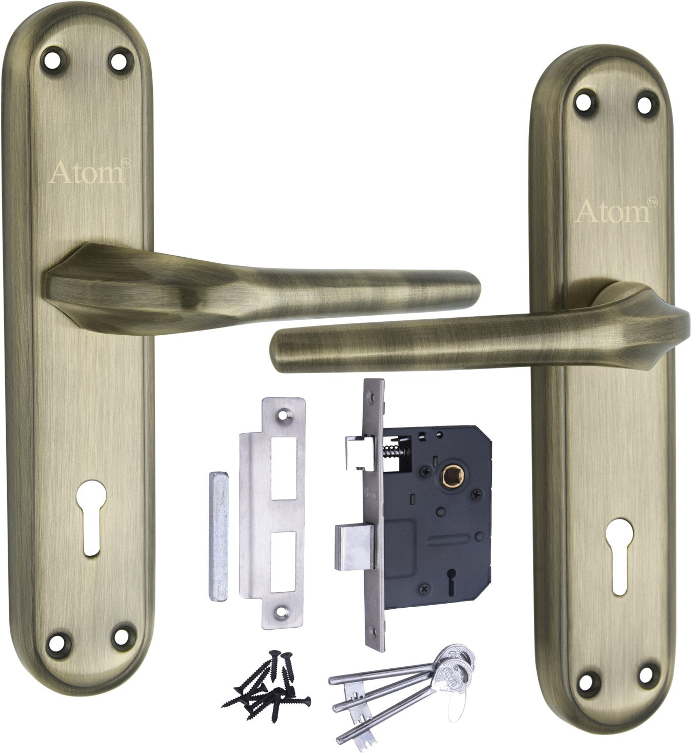 Atom Stainless Steel Mortise Door Handle Set with Lock Body | Silver Satin & Brass Antique Finish | Main door, Home door, Washroom, Bathroom, Bedroom, Living Room, Orbit