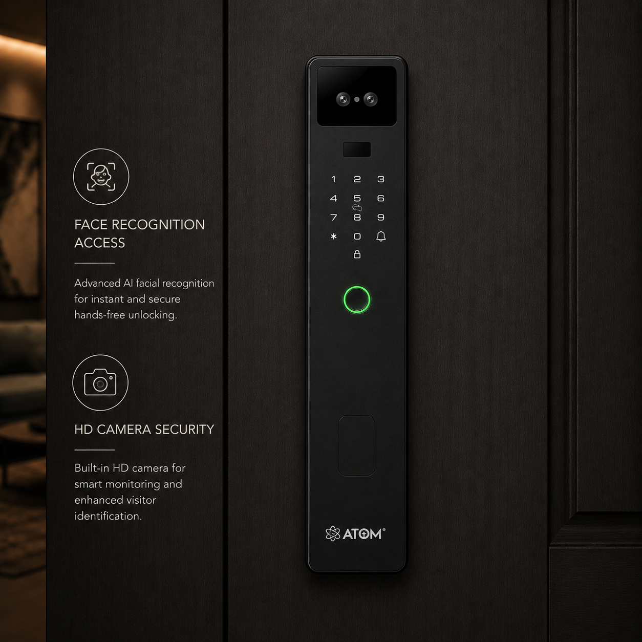 Atom Smart Face Recognition Door Lock – 6-Way Keyless Entry with Fingerprint, Password, RFID & App Control