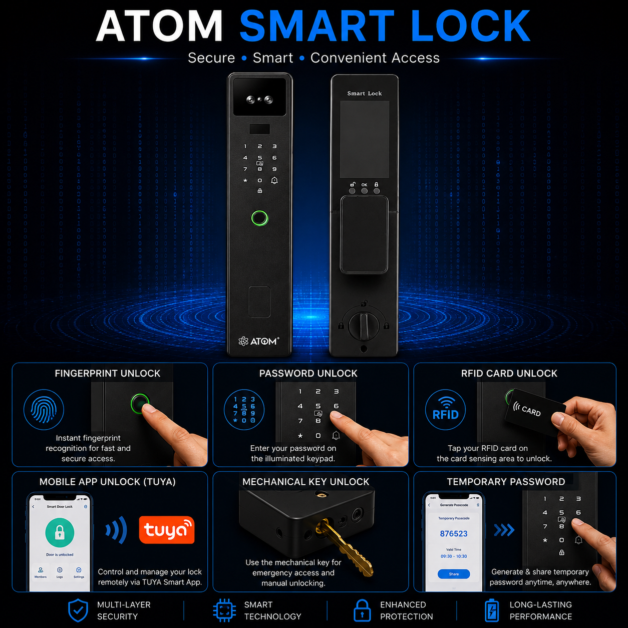 Atom Smart Face Recognition Door Lock – 6-Way Keyless Entry with Fingerprint, Password, RFID & App Control