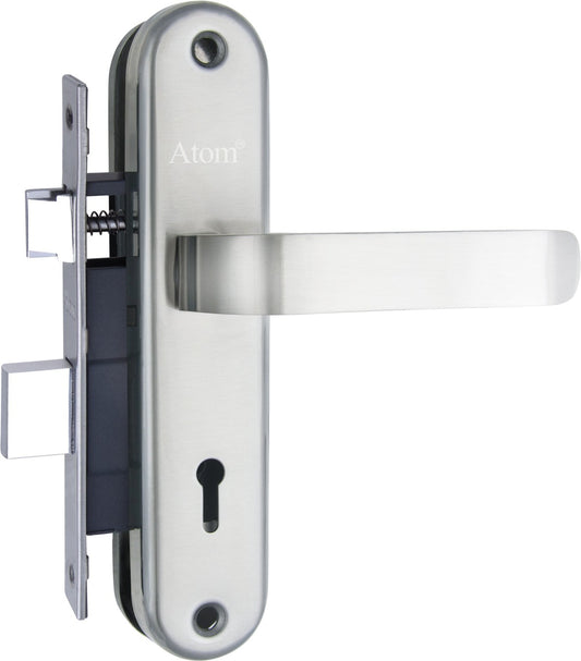 Atom 7.5 inches Mortise Door Handle Set with Lock Body | Silver Satin & Brass Antique Finish | 3 Keys | 6 Lever Double Stage Lockset for Door, Home door, Main Door, Bedroom, Living Room, Liza-Ky