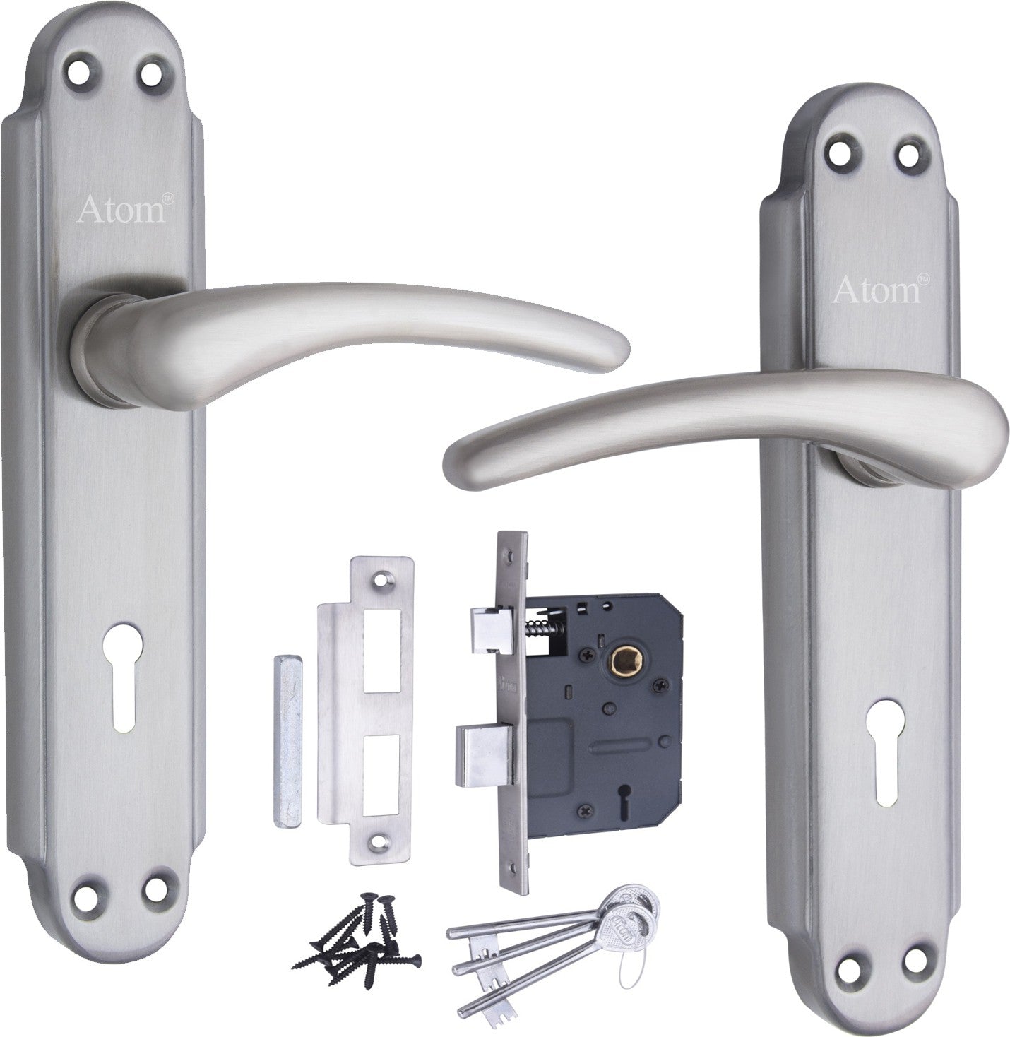 Atom Stainless Steel Mortise Door Handle Set with Lock Body | Silver Satin Finish | Main door, Home door, Washroom, Bathroom, Bedroom, Living Room, Alfa