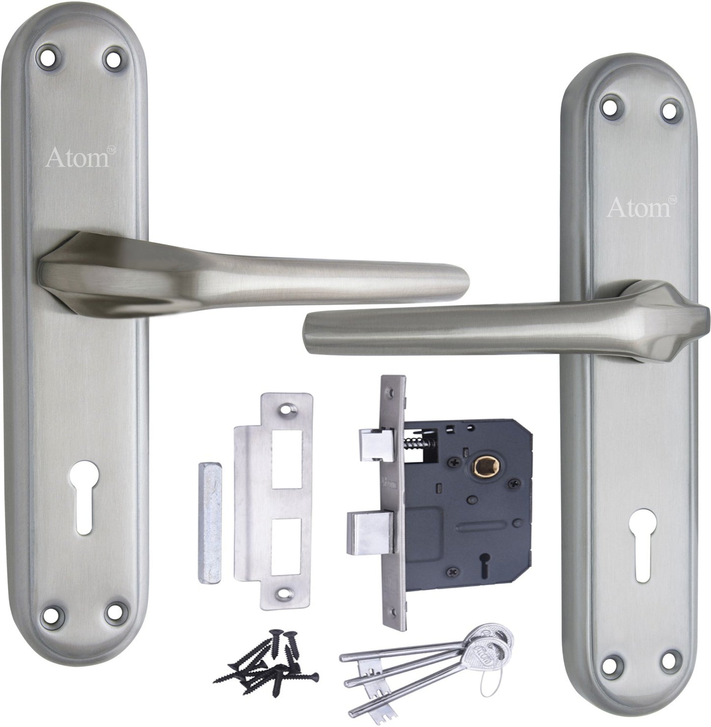 Atom Stainless Steel Mortise Door Handle Set with Lock Body | Silver Satin & Brass Antique Finish | Main door, Home door, Washroom, Bathroom, Bedroom, Living Room, Orbit